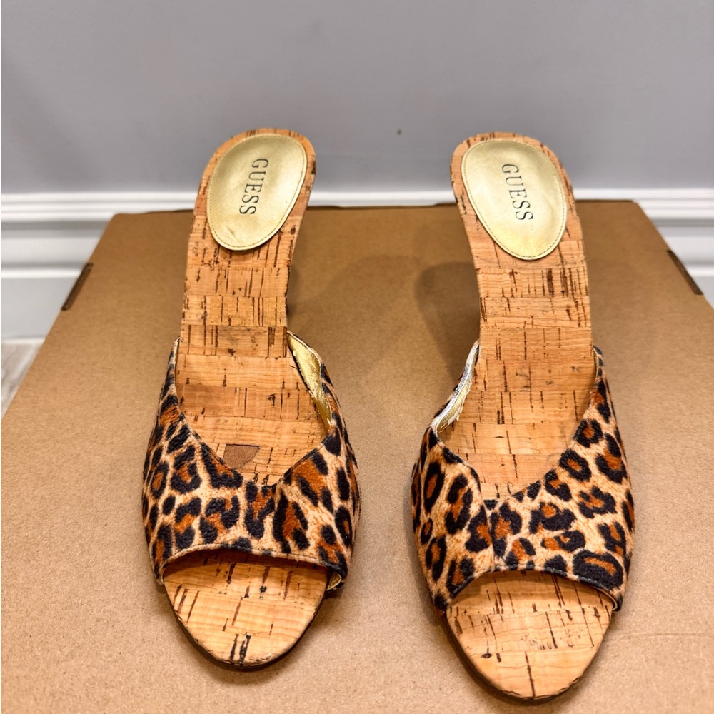 GUESS Leopard Print Mules with Cork Detail